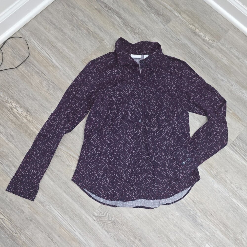 New York & Co Navy/Pink Polkadot Madison Button Down Shirt Sz Large